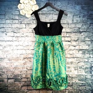 Sangria | Black and Green Satin Empire Waist Cocktail Party Dress